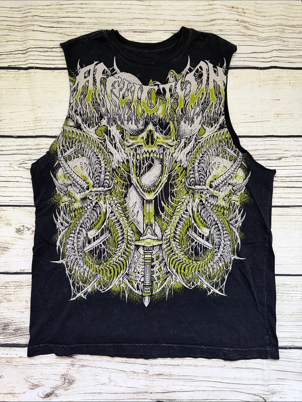 Affliction Men’s Black Graphic Muscle Tank with Neon Green Skull Snake Design L